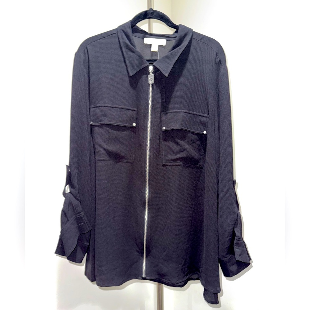 NWT Michael Kors Zip Front Blouse Black 3X Roll Tab Sleeve